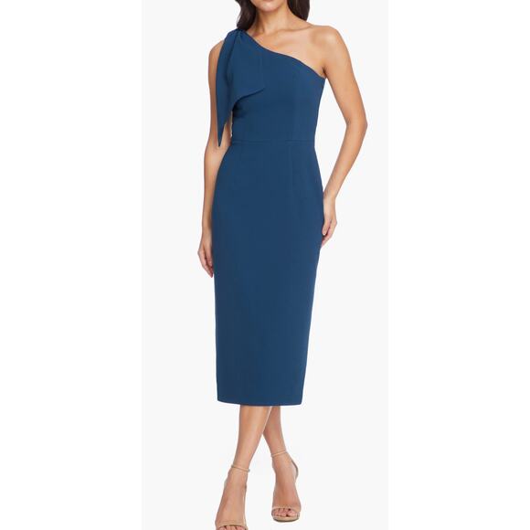 Dress the population Tiffany One-Shoulder Midi Dress in Peacock Blue. Size L - Picture 1 of 9